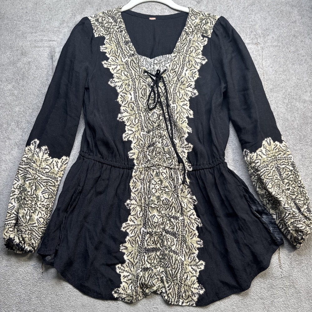Free People Black Tunic Top Boho Embroidered Lace Trim Whimsigoth Size Small